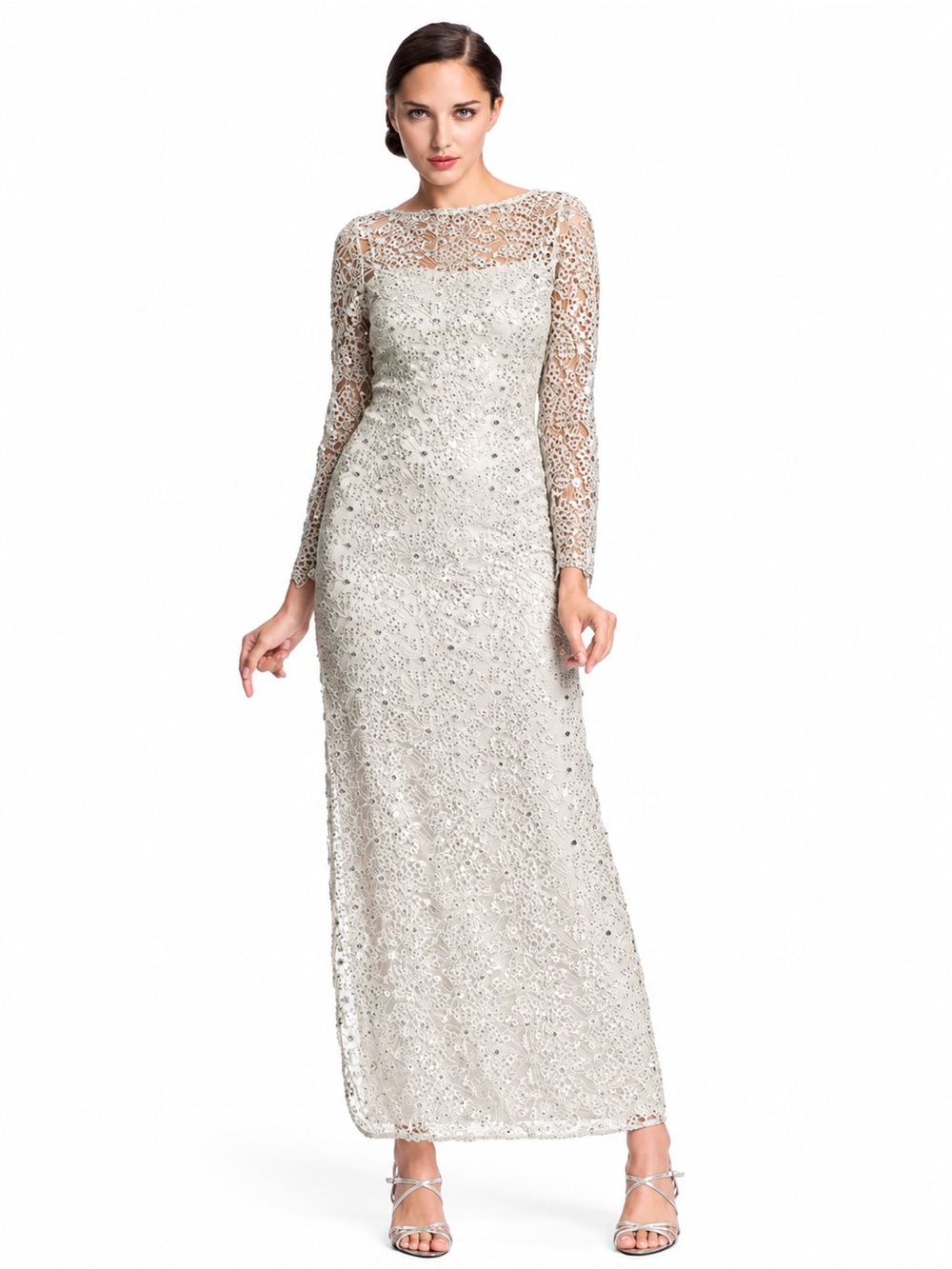 $648 Kay Unger Sparkling Laced Sequins Embroidered Layered Dress Size 0-2